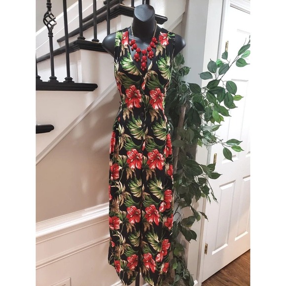 Expo Black Floral Hibiscus V-Neck Sleeveless Front Button Jumpsuit Size 10 - Picture 12 of 13